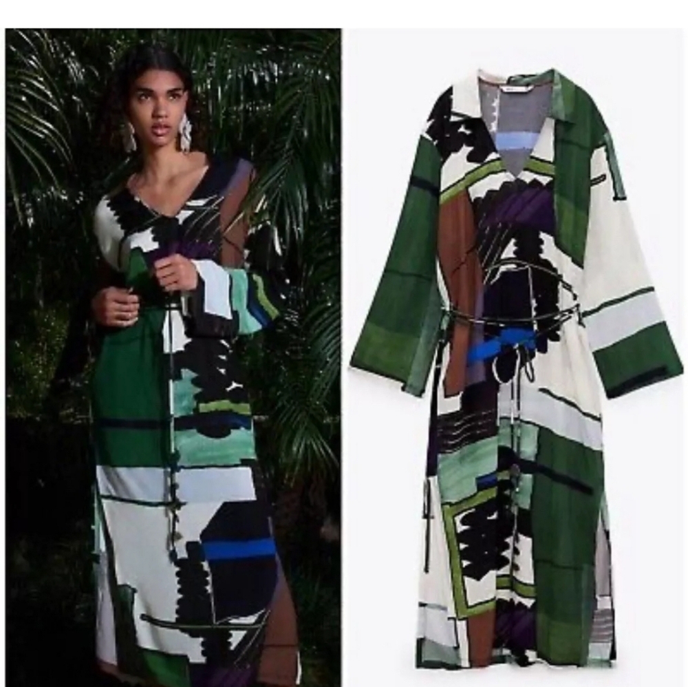ZARA Green printed tunic kaftan belted mididress
